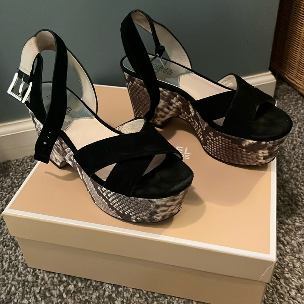 Michael Kors black suede and snake patterned wedge sandals! LIKE NEW!  Size 8M
